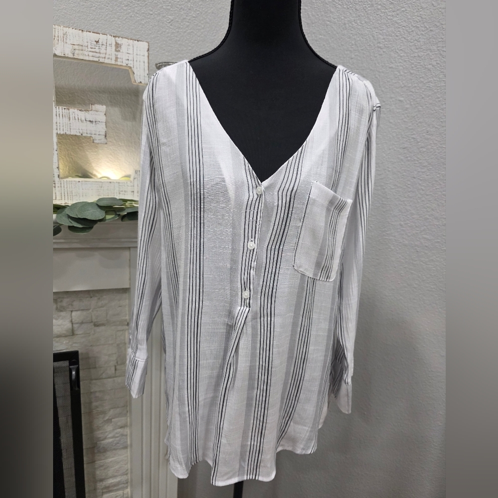 Striped V-Neck Blouse - White and Black